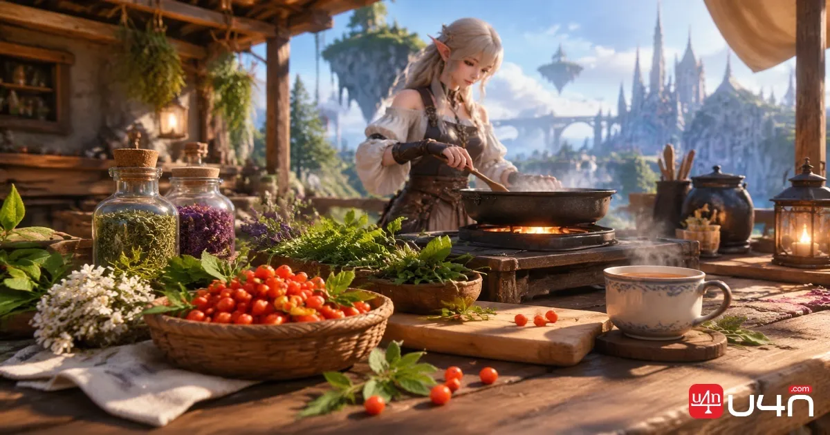 Fantasy cooking workstation with ingredients and herbal tea in Aion 2