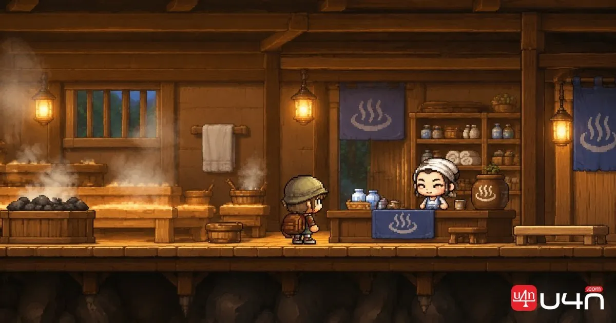 Zone des marchands du sauna de Sleepywood dans un environnement de jeu au style classique de MapleStory