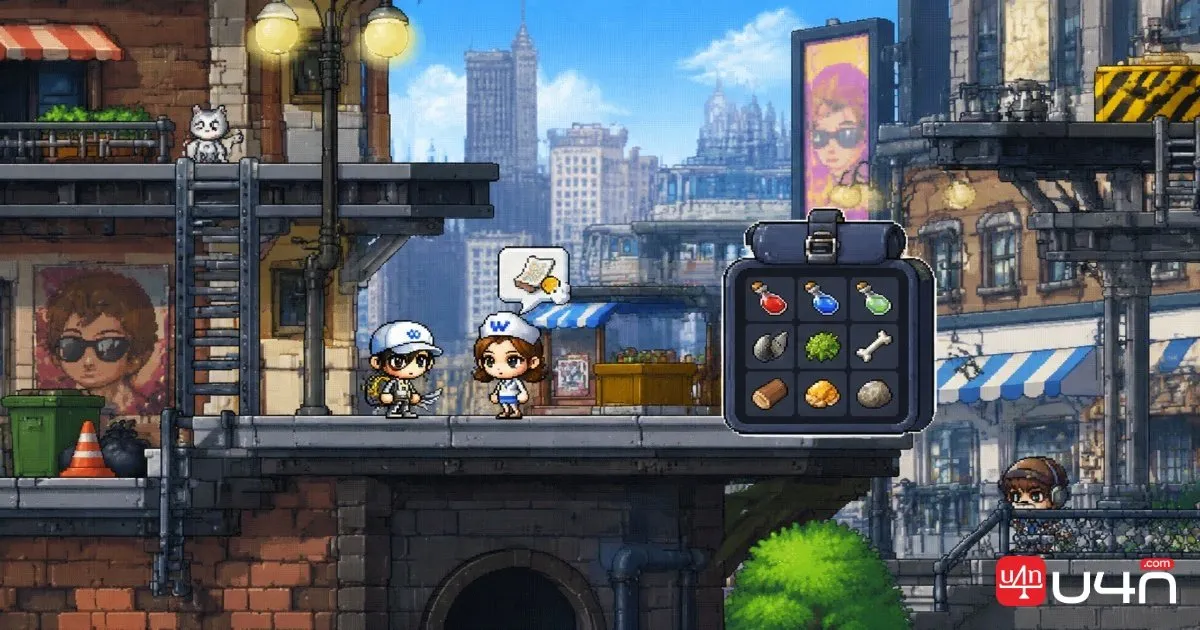 Un aventurier dans un environnement classique de MapleStory prépare des matériaux de quête à Kerning City