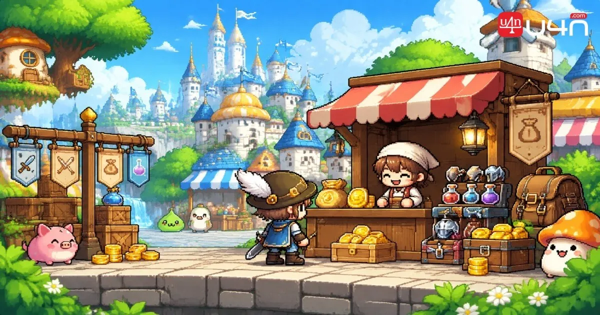 Un aventurier dans le style classique de MapleStory près d'un marchand et d'objets liés à la monnaie du jeu