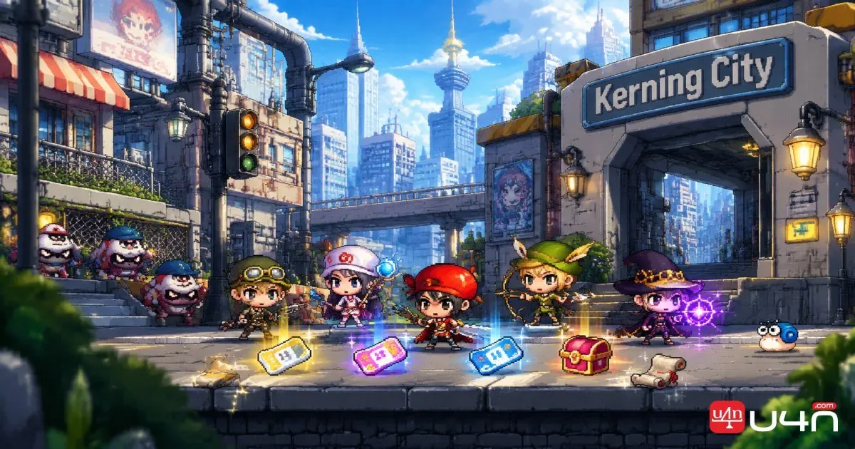 Environnement de Kerning City dans le style classique de MapleStory, avec des aventuriers se préparant à une quête de groupe