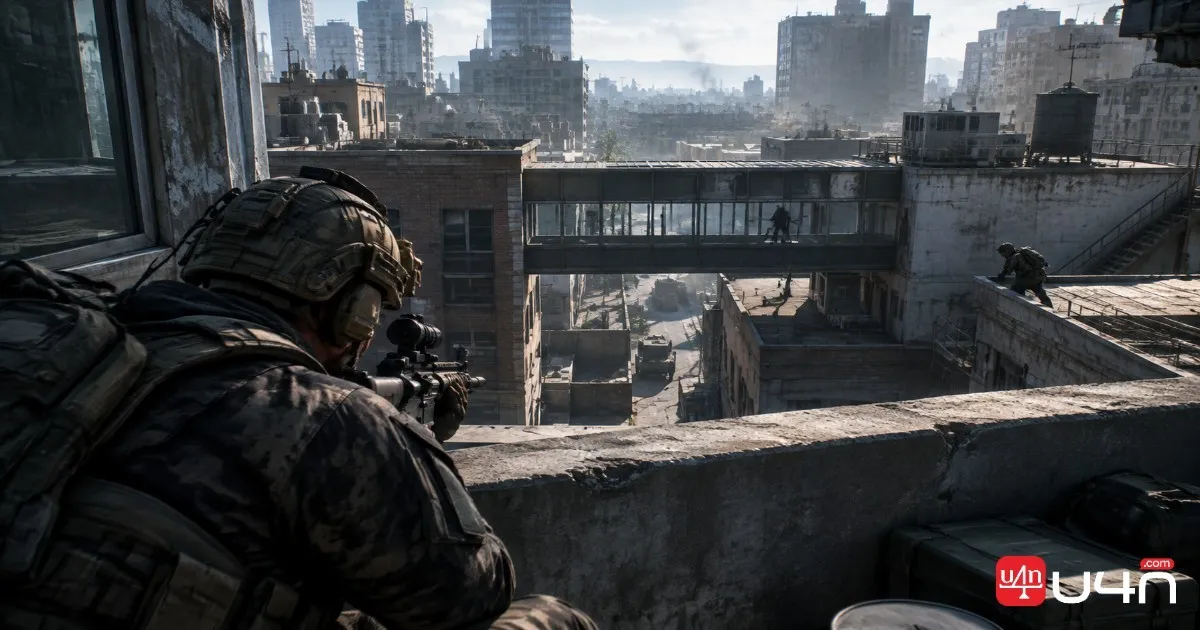 Modern Warfare 4 style urban rooftop combat environment with elevated platforms, cover, and alternate routes