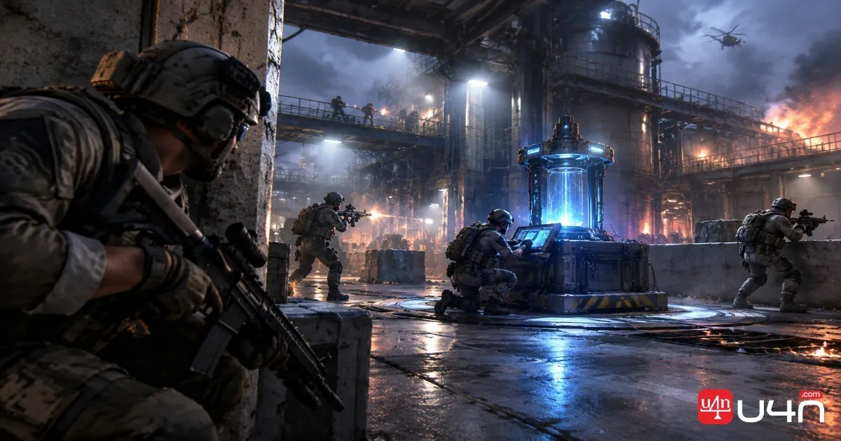 Compact modular military shooter arena with tactical cover and narrow combat lanes