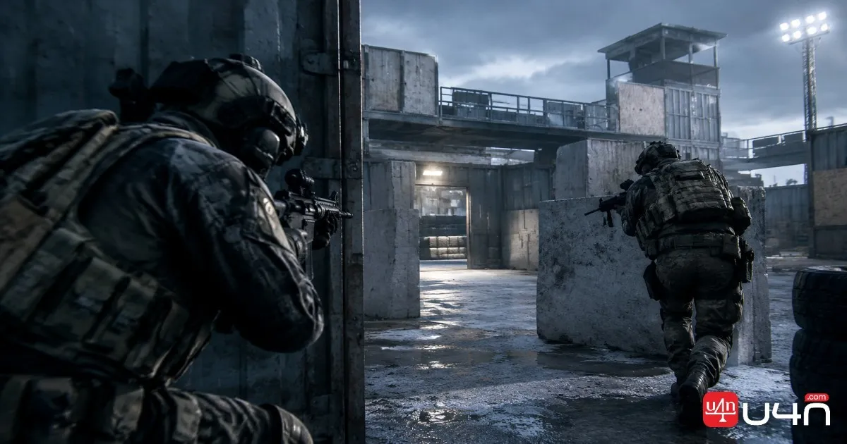 Modern military FPS objective mode with a tactical squad defending a mission terminal in an industrial facility