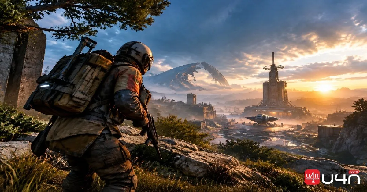 Raider z ARC Raiders przygotowuje się do opuszczenia zrujnowanego pola bitwy po zabezpieczeniu przedmiotu zadania