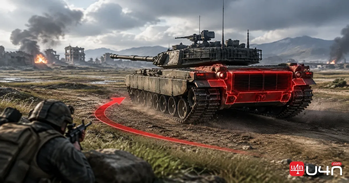 WARDOGS L2A6 or T72 tank viewed from the rear, showing the engine compartment and tracks on a battlefield