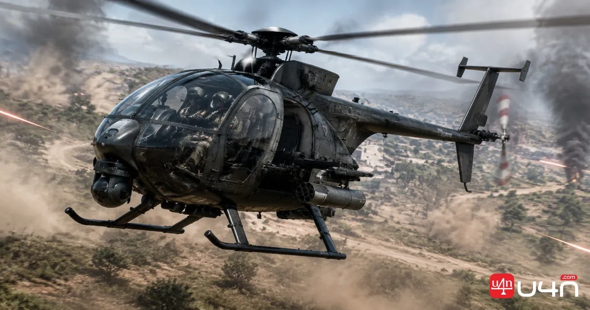 WARDOGS military helicopter in flight over a battlefield, with the cockpit, tail rotor, and main rotor visible