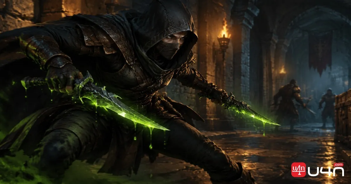 Fantasy Rogue dual-wielding daggers with poison-coated blades