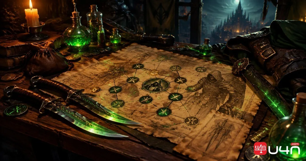 Fantasy Rogue talent planning scene with daggers, poison vials, and a parchment skill tree