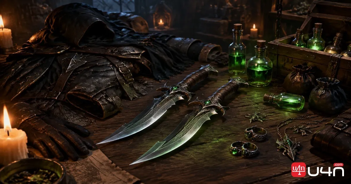 Rogue equipment including twin daggers, leather armor, rings, and poison vials on a wooden table
