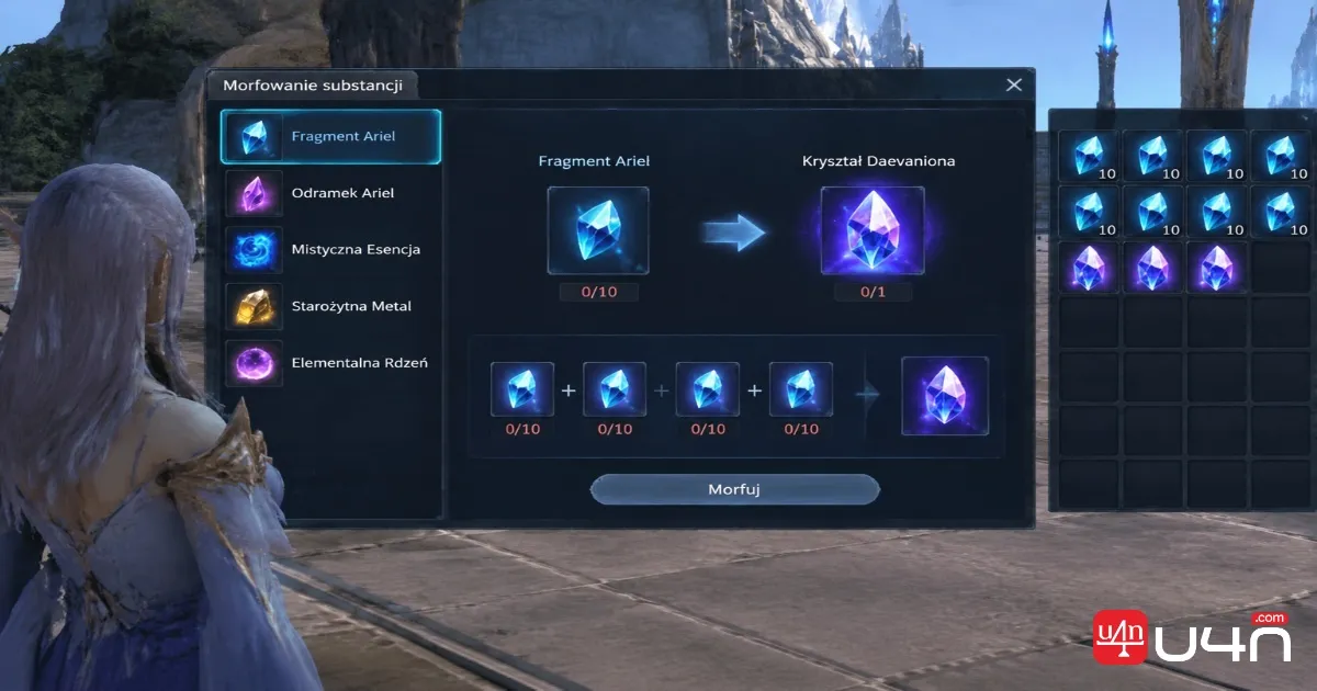 Aion 2 Ariel Fragments and Daevanion Crystal crafting materials in the inventory or Substance Morph interface