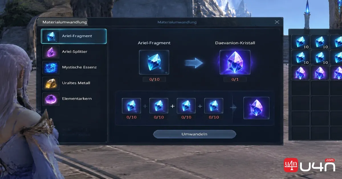 Aion 2 Ariel Fragments and Daevanion Crystal crafting materials in the inventory or Substance Morph interface