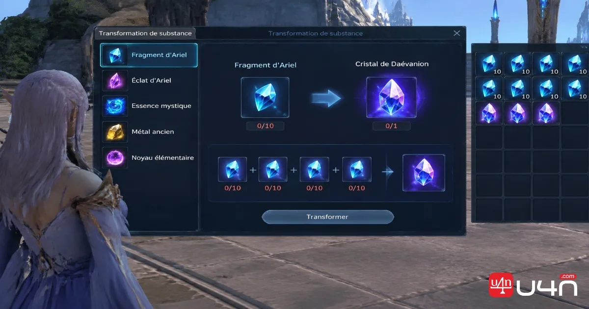 Aion 2 Ariel Fragments and Daevanion Crystal crafting materials in the inventory or Substance Morph interface