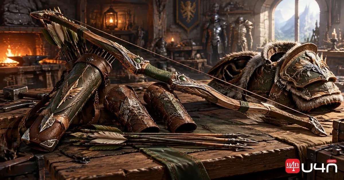 Fantasy Hunter ranged weapon, arrows, and leather armor equipment