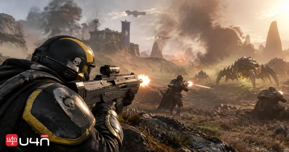 Soldat de Helldivers 2 utilisant un fusil d'assaut futuriste au combat