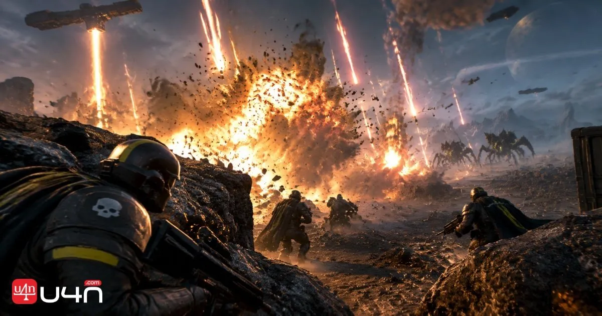 Une escouade de Helldivers 2 combat au milieu de la fumée et des explosions pendant une mission