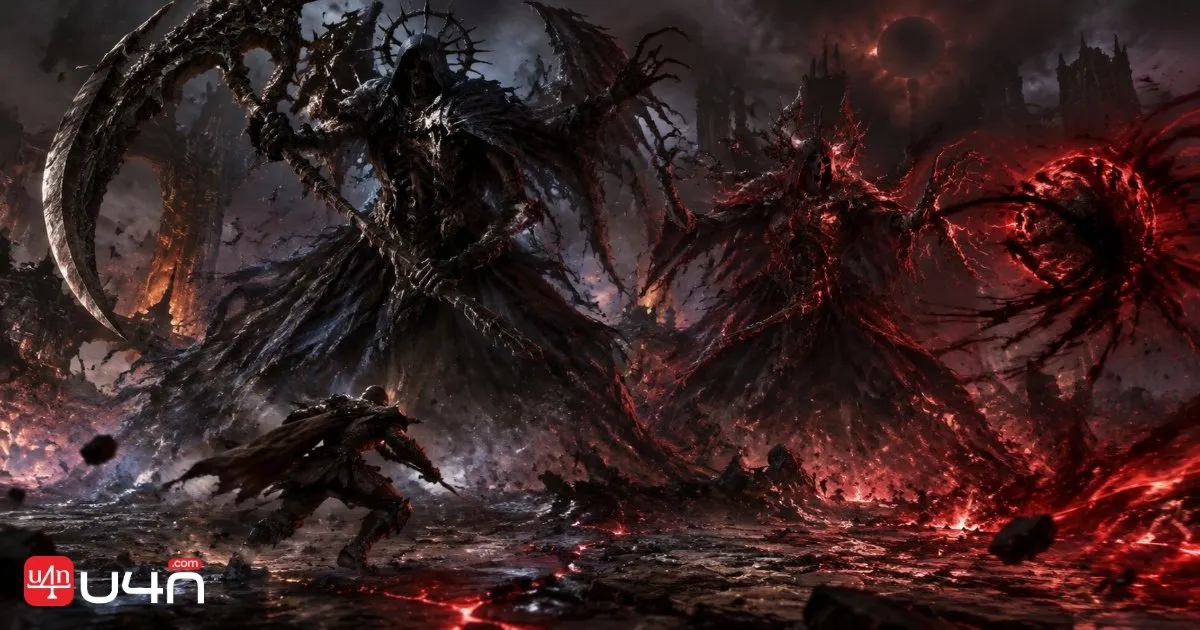 Two imposing reaper-like demons facing an adventurer on a dark Diablo IV battlefield