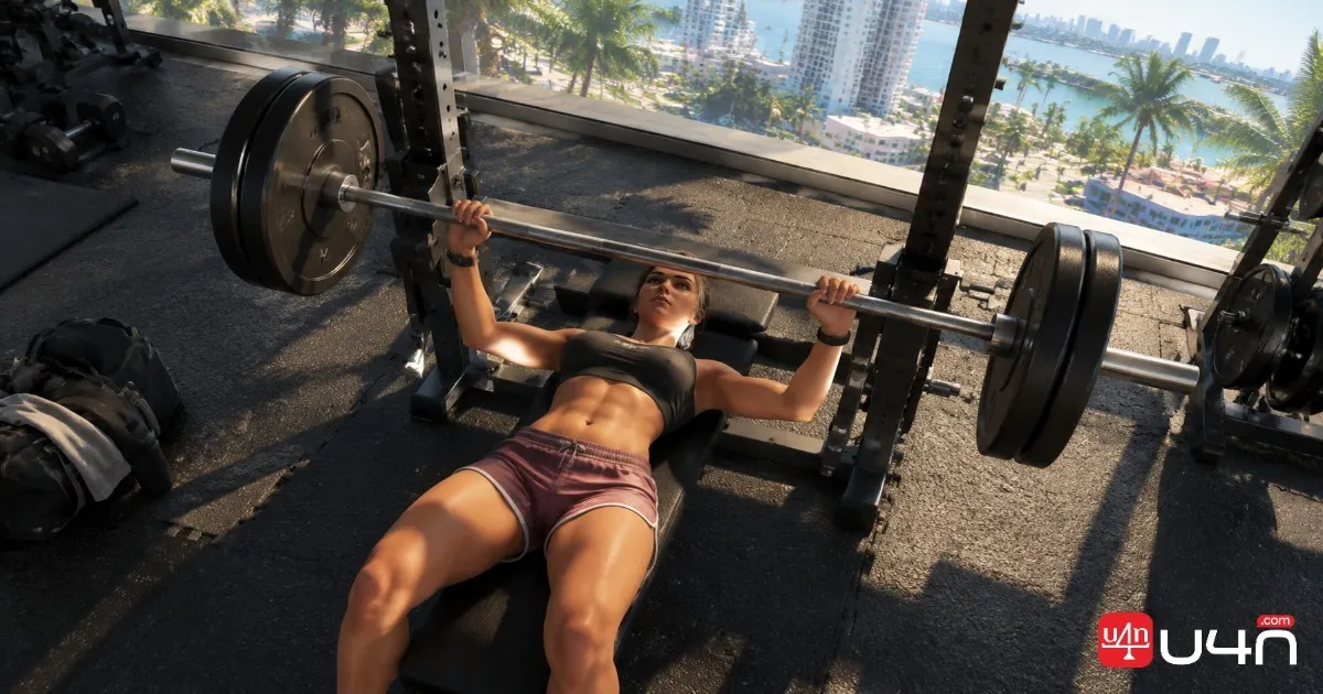 Lucia absolviert in einem Fitnessstudio ein interaktives Bankdrücktraining in GTA 6