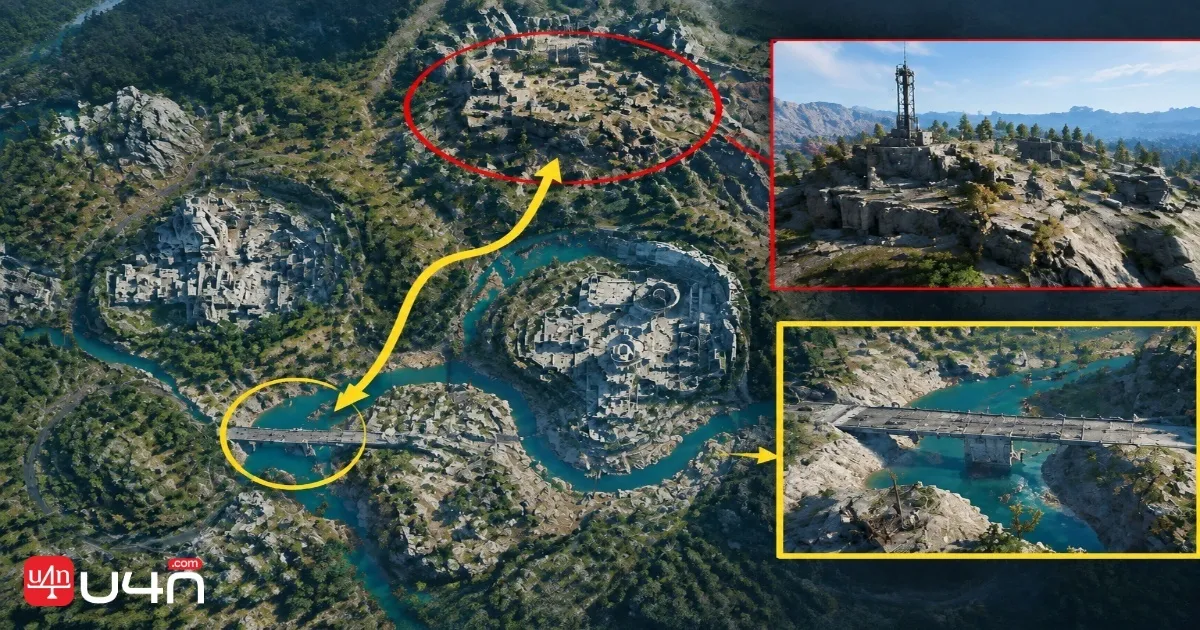Environnement de Battlegrounds dans ARC Raiders avec une autoroute en ruines et le champ de bataille environnant