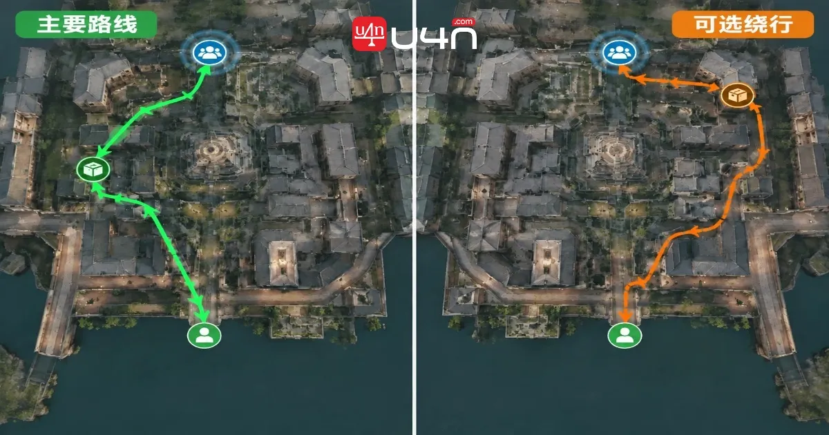 Deadlock route comparison showing purposeful farming versus an optional detour