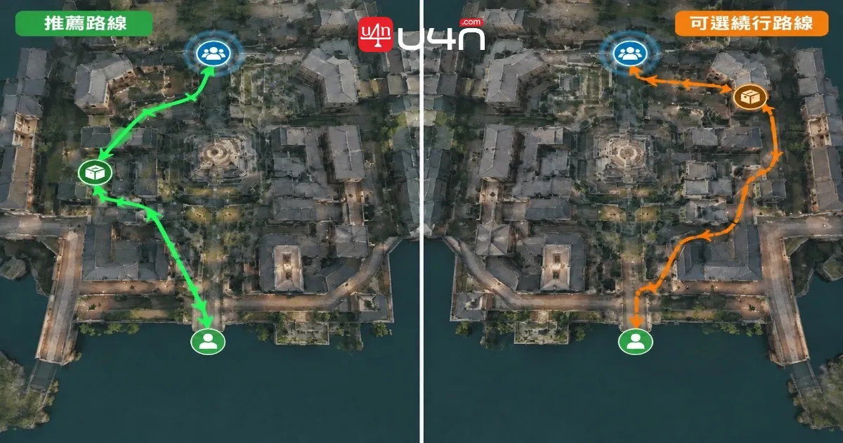 Deadlock route comparison showing purposeful farming versus an optional detour