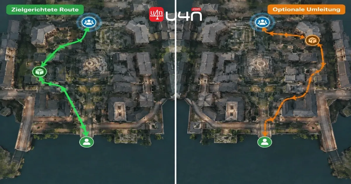 Deadlock route comparison showing purposeful farming versus an optional detour