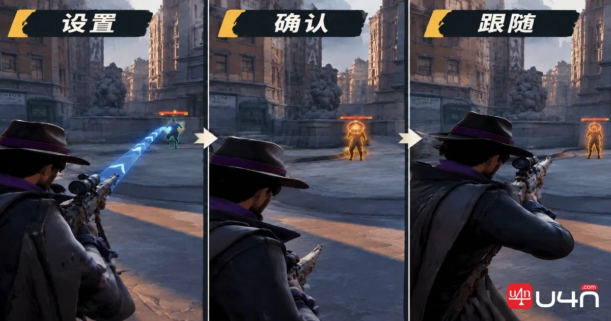 Three-panel Danny setup showing missile placement, a marked target, and the follow-up angle