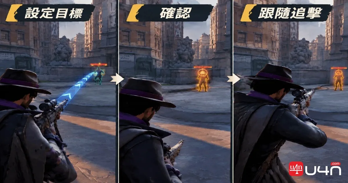 Three-panel Danny setup showing missile placement, a marked target, and the follow-up angle