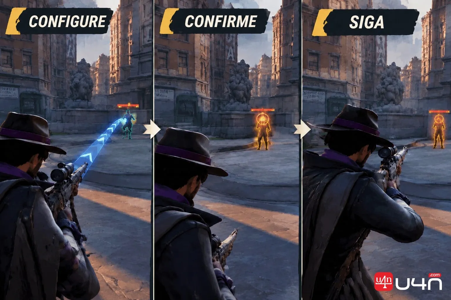 Three-panel Danny setup showing missile placement, a marked target, and the follow-up angle