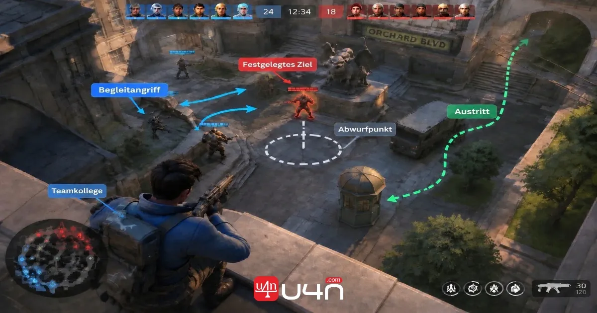 Annotated teamfight showing Danny's target, planned landing, teammate support, and exit route