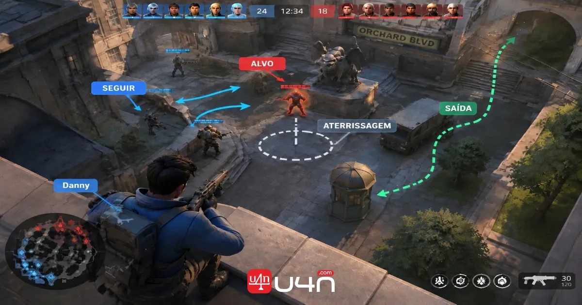 Annotated teamfight showing Danny's target, planned landing, teammate support, and exit route