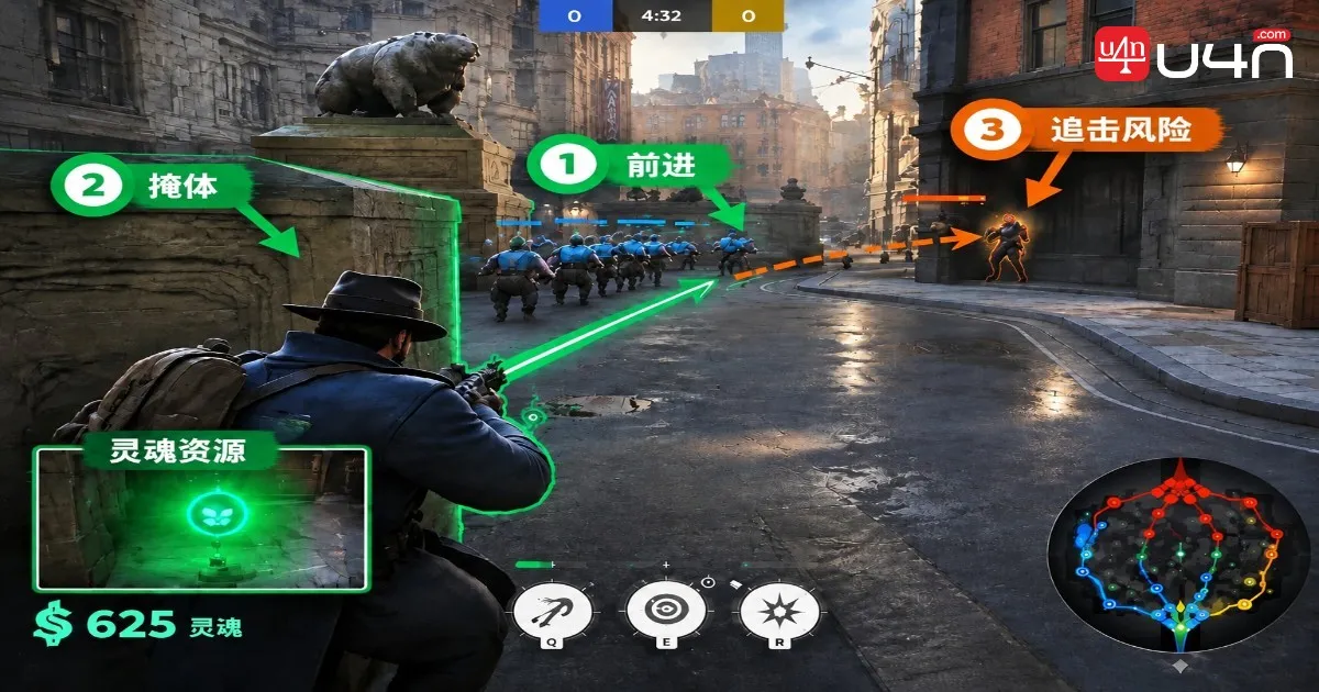 Annotated Deadlock lane screenshot highlighting the wave, cover, and a risky chase route