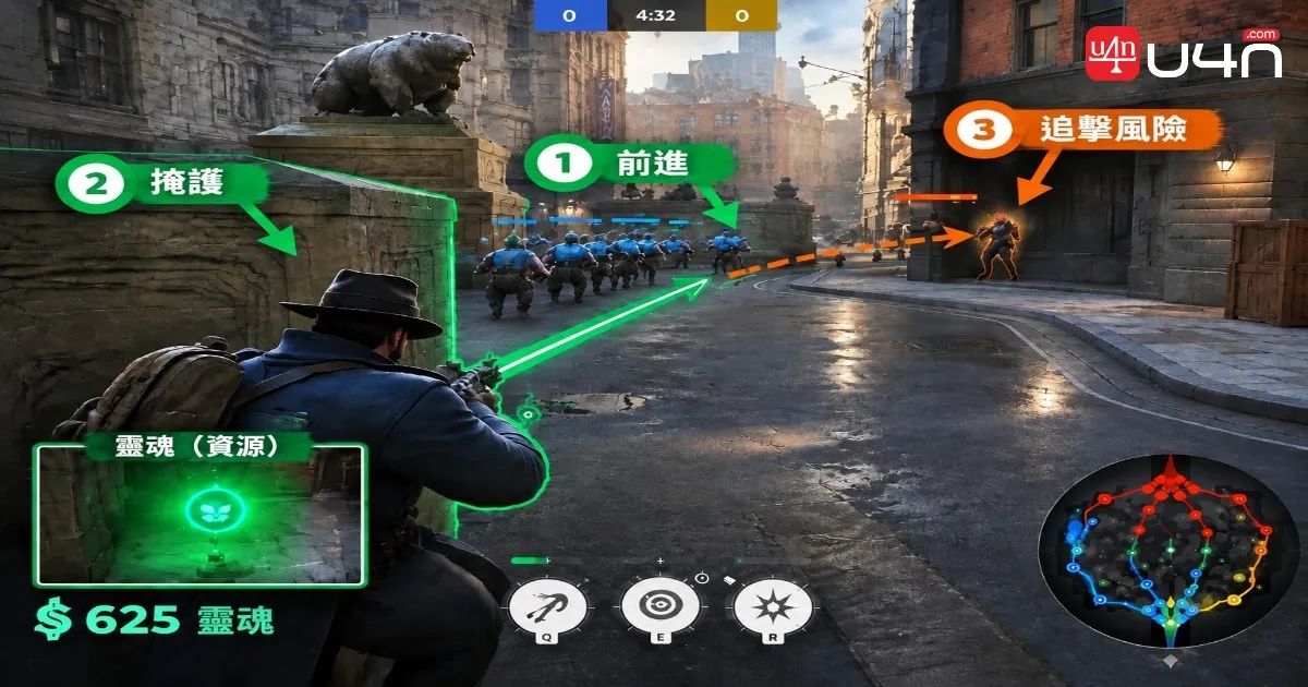 Annotated Deadlock lane screenshot highlighting the wave, cover, and a risky chase route
