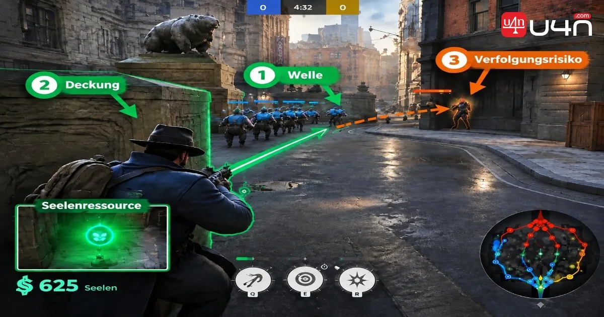 Annotated Deadlock lane screenshot highlighting the wave, cover, and a risky chase route