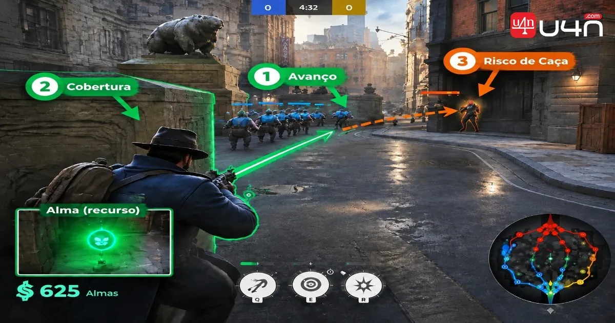 Annotated Deadlock lane screenshot highlighting the wave, cover, and a risky chase route