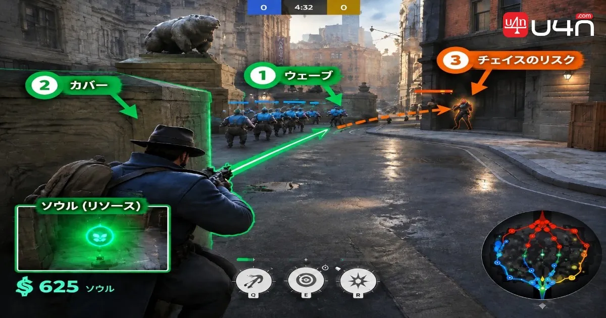 Annotated Deadlock lane screenshot highlighting the wave, cover, and a risky chase route