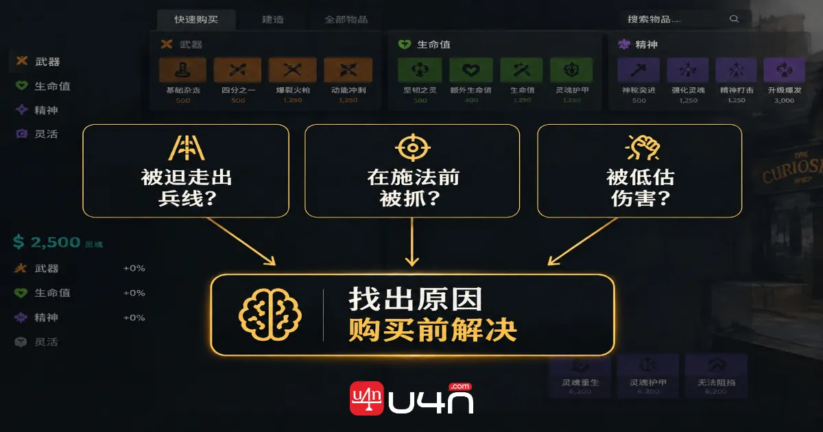 Deadlock item-buying diagram connecting gameplay problems with purchase decisions