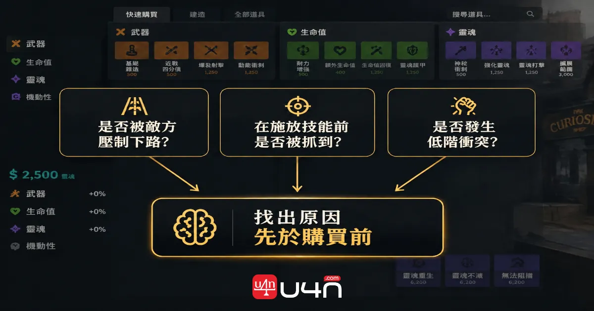 Deadlock item-buying diagram connecting gameplay problems with purchase decisions