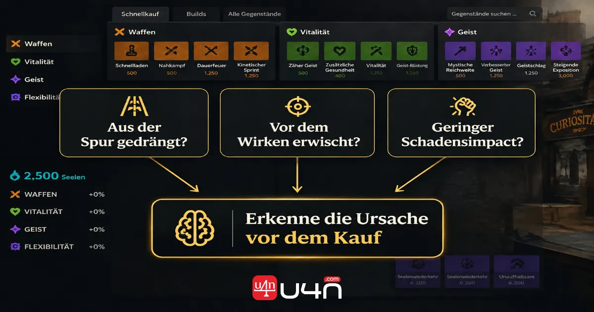 Deadlock item-buying diagram connecting gameplay problems with purchase decisions