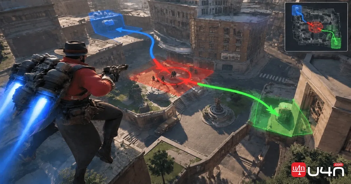 Deadman Danny tactical illustration marking entry, pressure, and exit routes