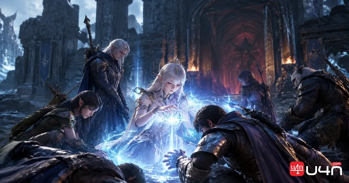 Aion 2-inspired fantasy character progression scene with an ancient magical board and glowing Ariel crystals