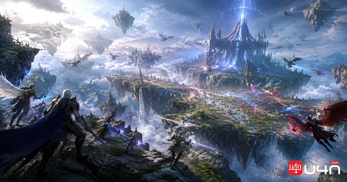 Aion 2 fantasy Abyss battlefield with floating ruins, distant combatants, and a dramatic magical sky
