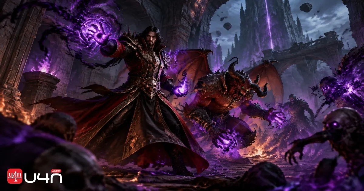 A Warlock casting shadow magic alongside a demon companion in a fantasy MMORPG