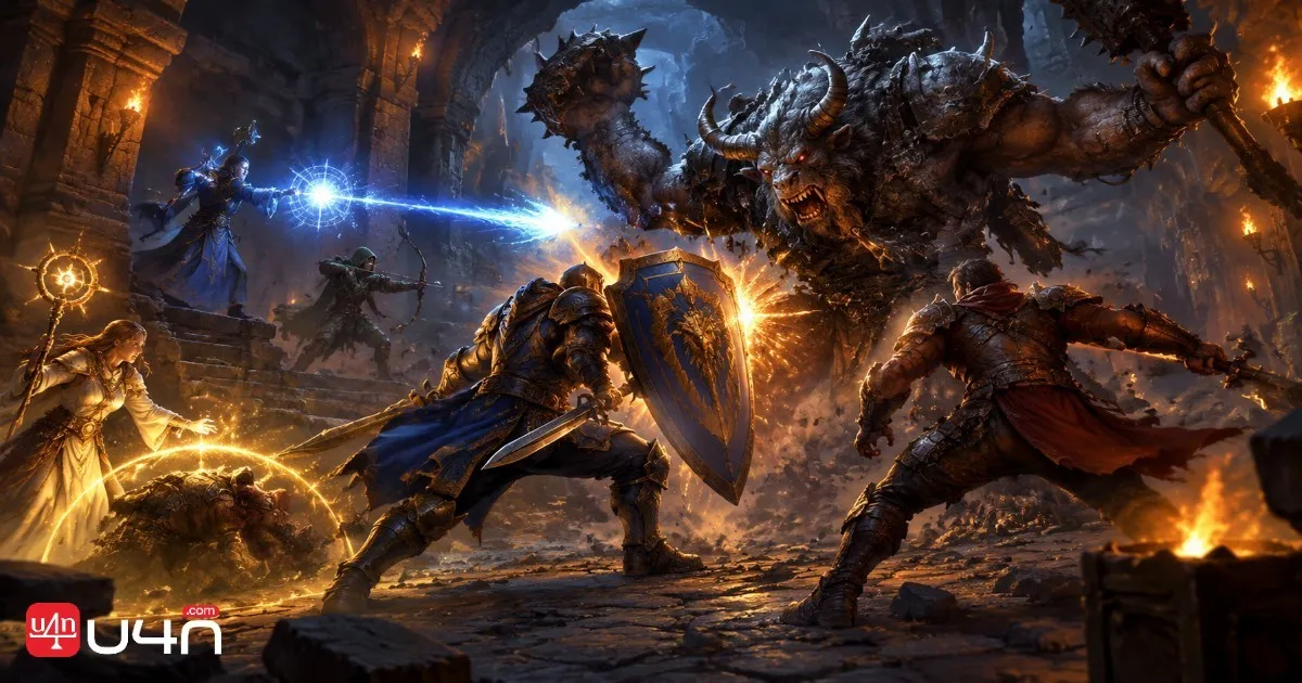A fantasy MMORPG dungeon party demonstrating tanking, healing, and damage roles