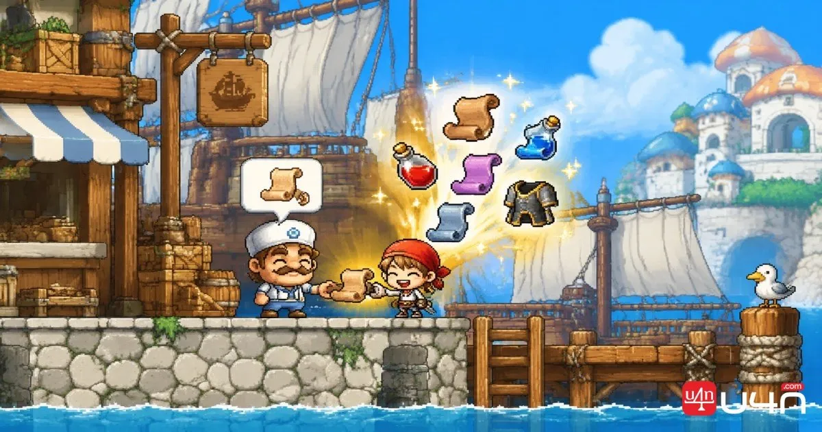MapleStory Classic World adventurer completing a quest and receiving scrolls and consumables