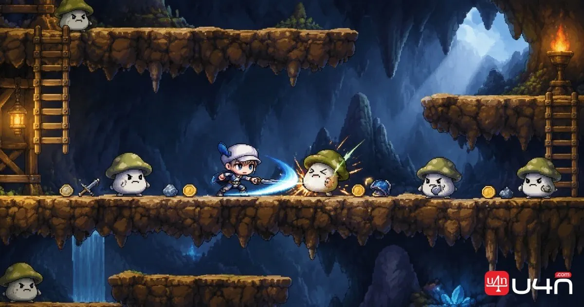 MapleStory Classic World adventurer farming monsters in a cave and collecting item drops