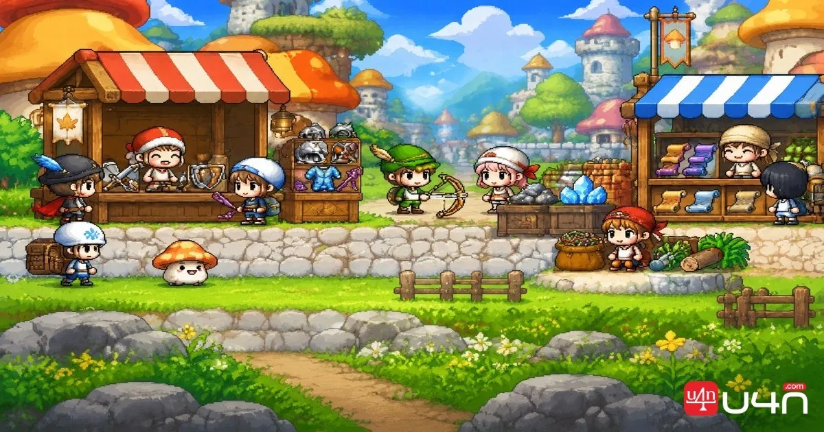MapleStory Classic World players trading equipment, scrolls, ores, and quest materials in town
