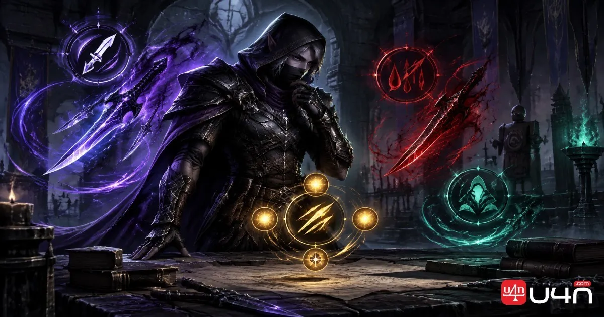 WoW Forever Subtlety Rogue in dark leather armor wielding dual daggers in a shadowy forest
