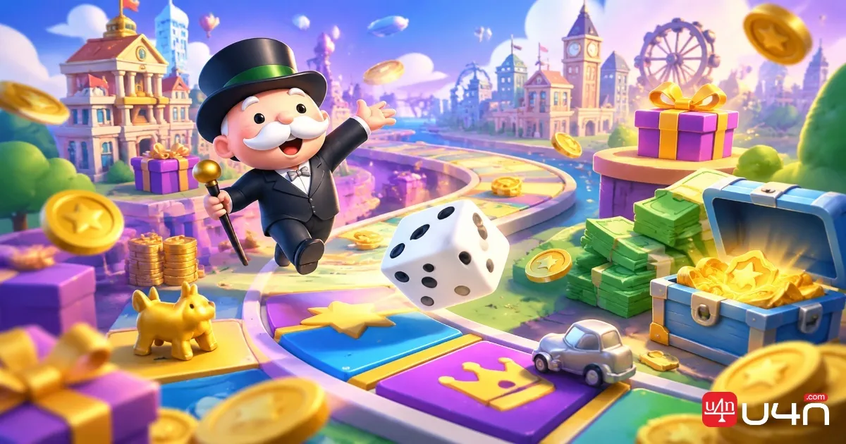 Monopoly GO inspired board game scene with dice, tokens, and colorful city buildings