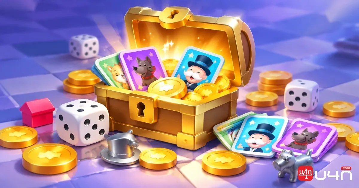 Colorful board game reward scene with dice, collectible sticker packs, golden tokens, and a treasure chest